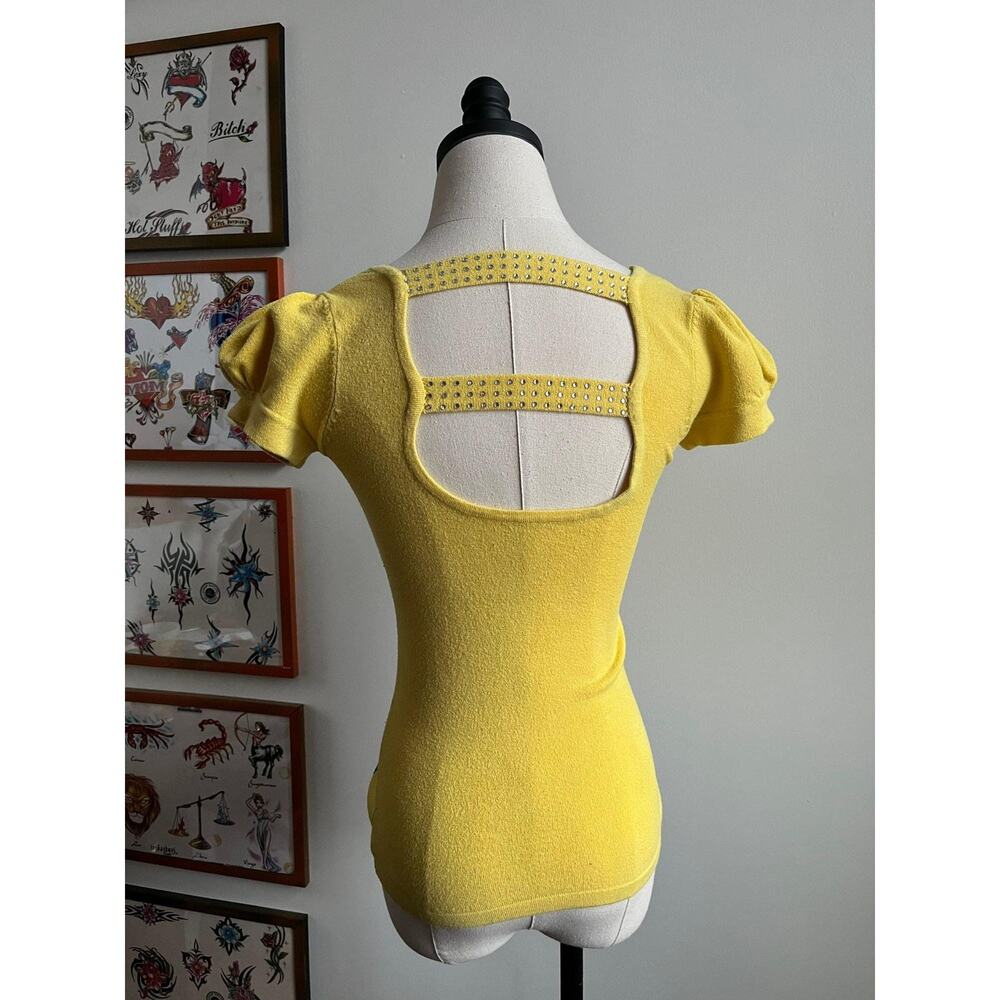 Vintage Y2K Rhinestone Baby Tee | Yellow Knit Cutout Back Puff Sleeve | XS - Picture 8 of 9